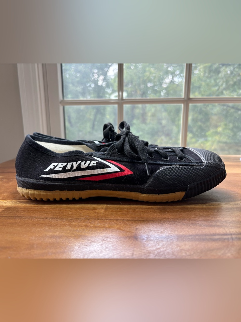 Feiyue Black Canvas Sneakers with Red and White Side Stripe